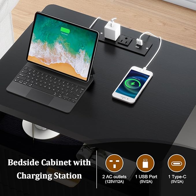 Fluted Nightstand with Charging Station, 19.7 inch Wide End Table with 2 Drawers - Image 5