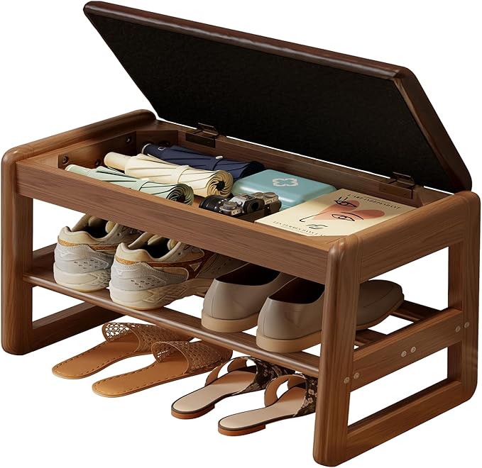 Small Shoe Bench with Leather Cushion, 2 Tiers Shoe Rack Bench with Flip-Top by AQIMUELE-Solidwoodfurniture