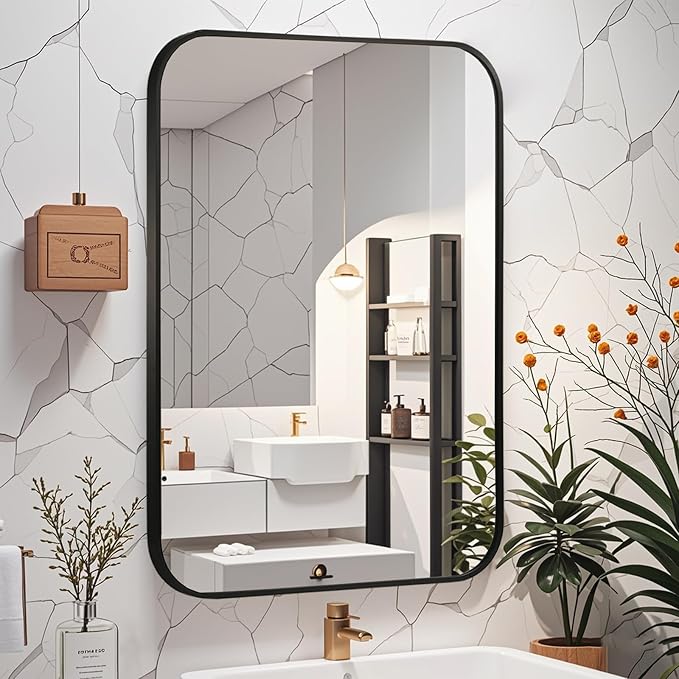 Matte Black Mirror, Metal Frame Rectangle Corner Vanity Mirror, Wall Mounted - Image 2