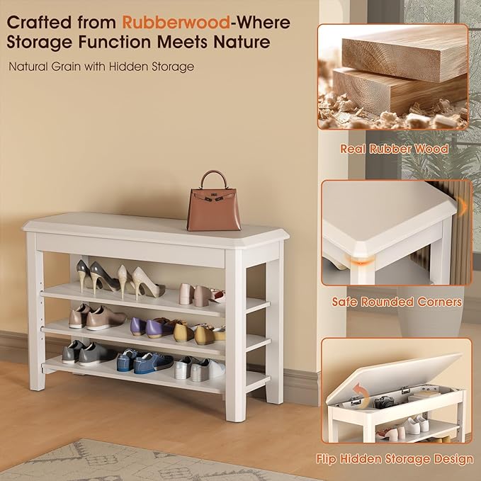 Shoe Rack Bench Seat Rubberwood 3-Tier Wooden Storage Bench 550lbs Compact - Image 6