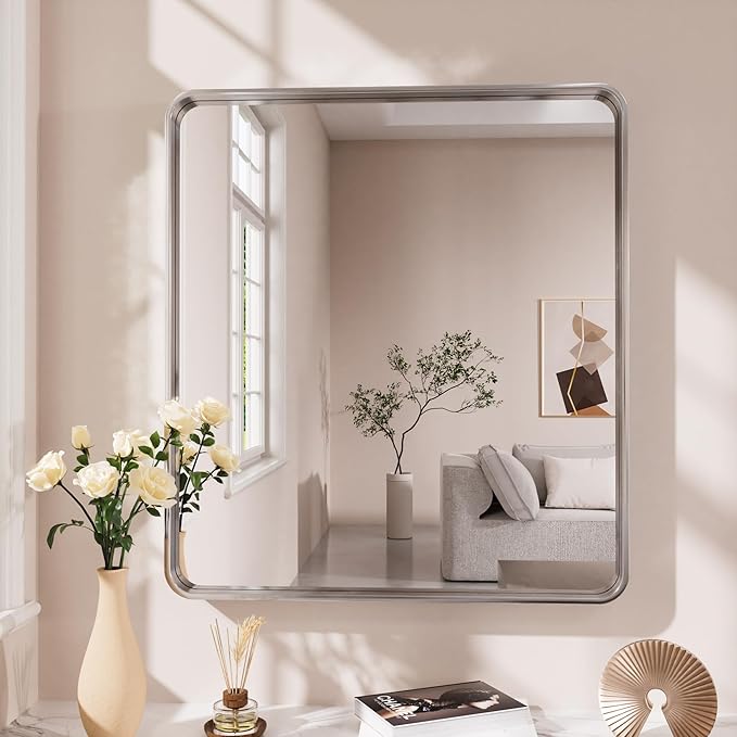 Brushed Nickel Bathroom Mirror 36x36 Inch, Brushed Silver Metal Frame Mirror - Image 2