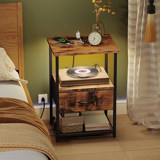 Fixwal Night Stand with Charging Station, LED Nightstand with Fabric Drawers - Image 2