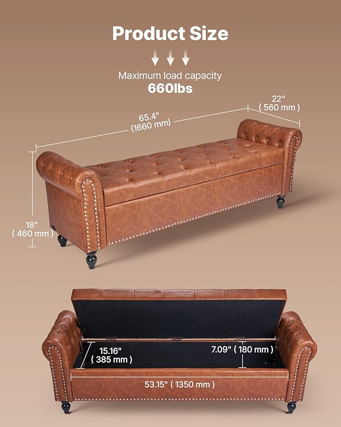 VEVOR Button-Tufted Storage Ottoman Bench, Rolled Arm PU Leather Bench - Image 3