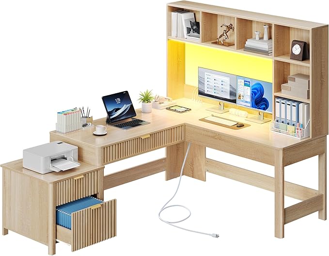 YITAHOME L Shaped Desk with Hutch and Drawers, Wood Home Office Desk with - Image 3