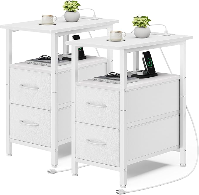 Vagusicc End Table with Charging Station Set of 2, Narrow Side Table, 23.8'' by Vagusicc