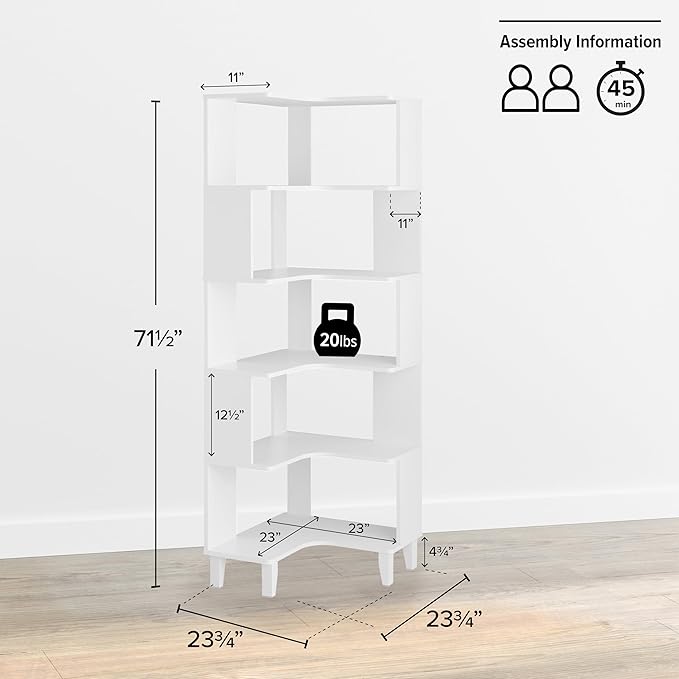 Prepac Nordik 6-Tier White Modern Mid Century Corner Bookcase, 71.5" Extra Tall - Image 3