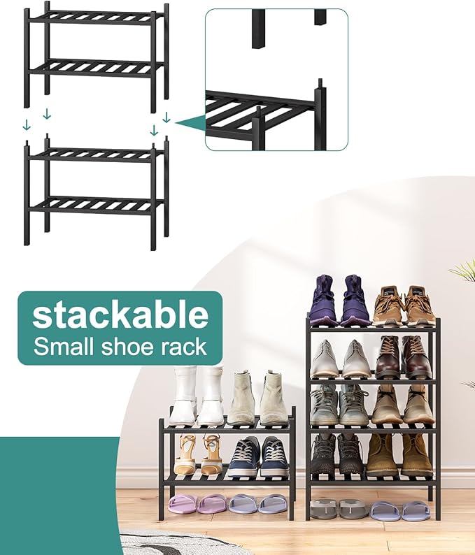 Black Small Shoe Rack for Entryway, 2-Tier Bamboo Shoe Organizer for Hallway - Image 4