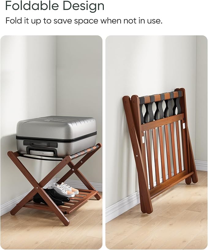 Fully Assembled Walnut Luggage Racks Set of 2, 5 Nylon Straps Folding Suitcase - Image 3