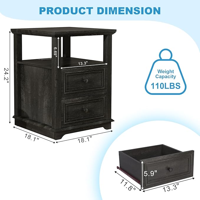 Vipbear Farmhouse Nightstand 18" Dark Gray End Table - Image 3