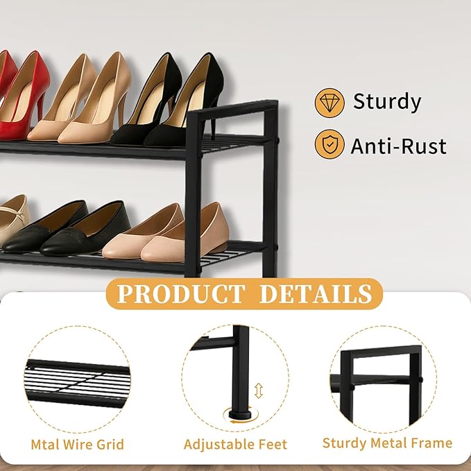 Simple 3 Tier Shoe Rack, Metal Stackable Shoe Storage Organizer - Image 4