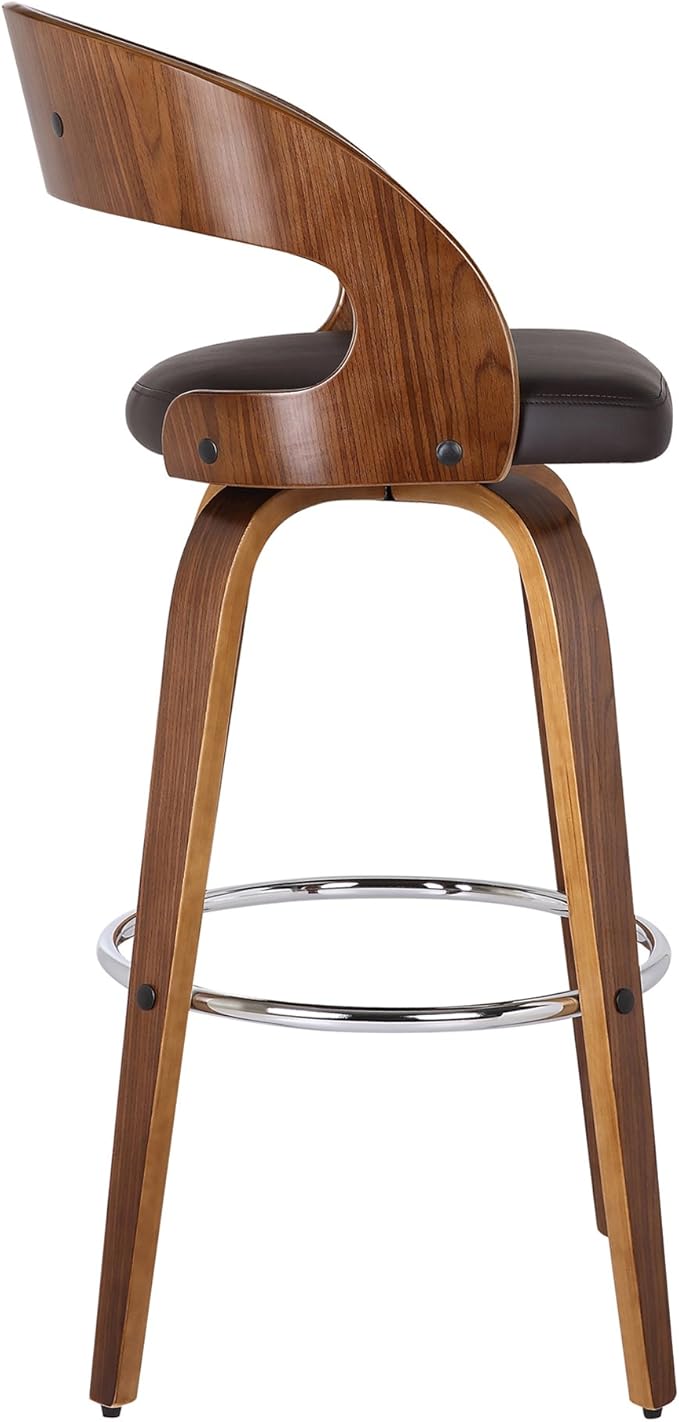 Armen Living Shelly 30" Bar Height Swivel Brown Faux Leather and Walnut Wood - Image 8