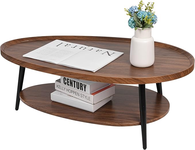 2-Tier Water-Shaped Wood Center Table Mid Century Oval Coffee Table Rustic - Image 7