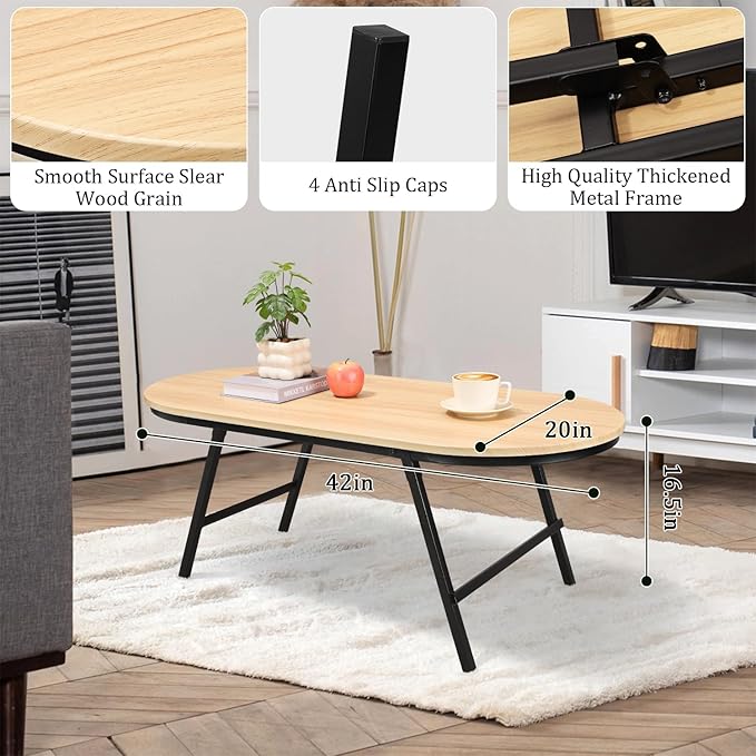 Foldable Coffee Table Natural Wood Oval Coffee Tables No Assembly Portable - Image 5