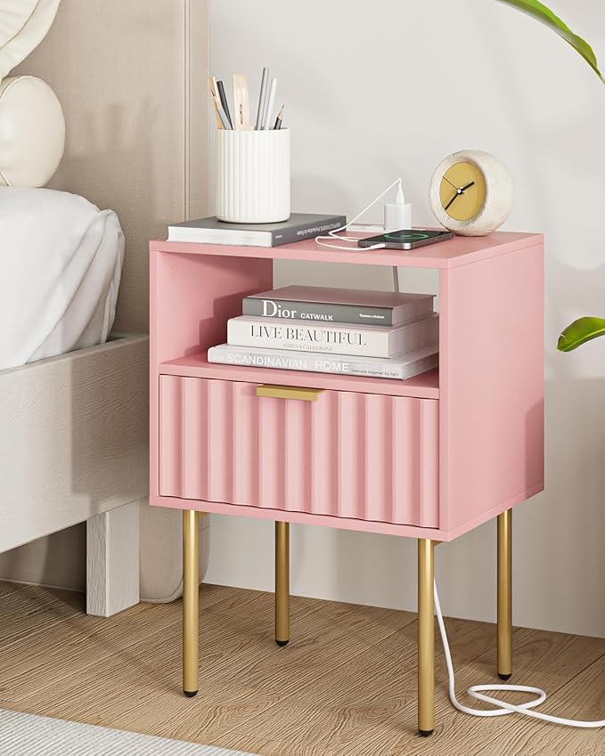 Masupu Nightstand with Charging Station, Mid-Century Modern Bedside Table with by Masupu