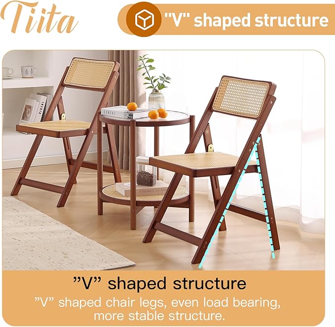 Tiita Rattan Dining Chairs Set of 2, Mid Century Modern Folding Chair, Bamboo - Image 5