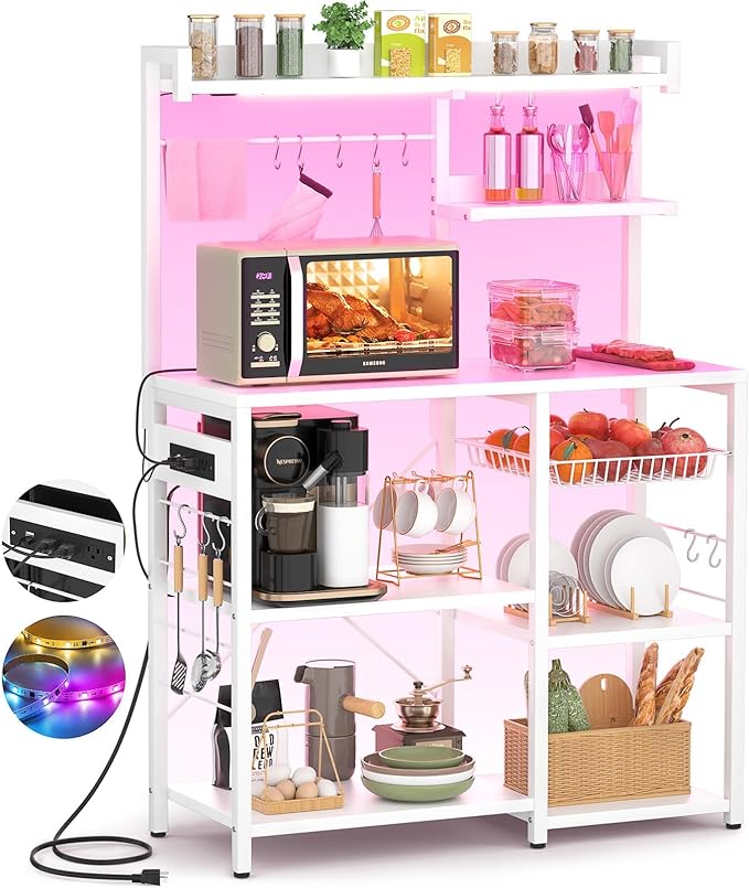 Aheaplus Bakers Rack with Power Outlet and LED Light Strings, Microwave Oven by Aheaplus
