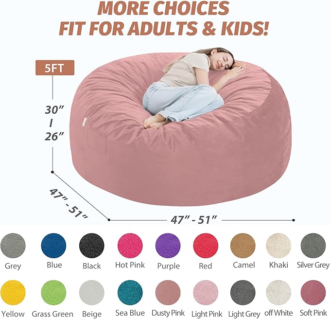 5FT Bean Bag Chair with Ultra Soft Velvet Cover Bean Bag Sofa with Memory Foam - Image 3