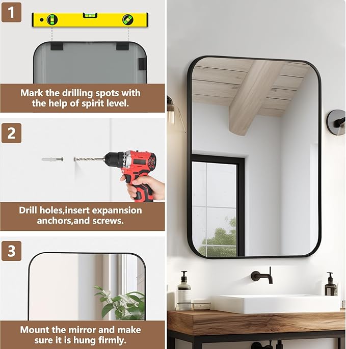 Matte Black Mirror, Metal Frame Rectangle Corner Vanity Mirror, Wall Mounted - Image 5