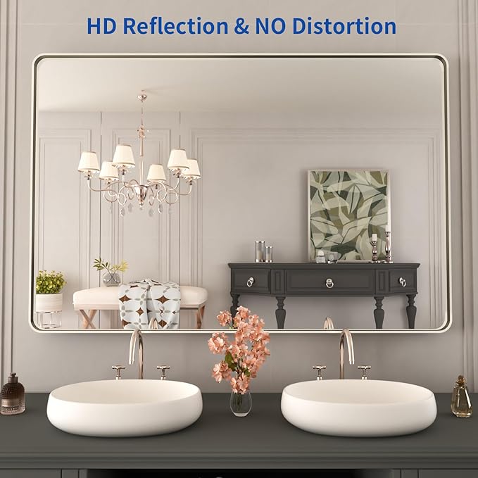 WEER 48X32 Inch Brushed Nickel Bathroom Mirror, Brushed Silver Metal Frame - Image 2
