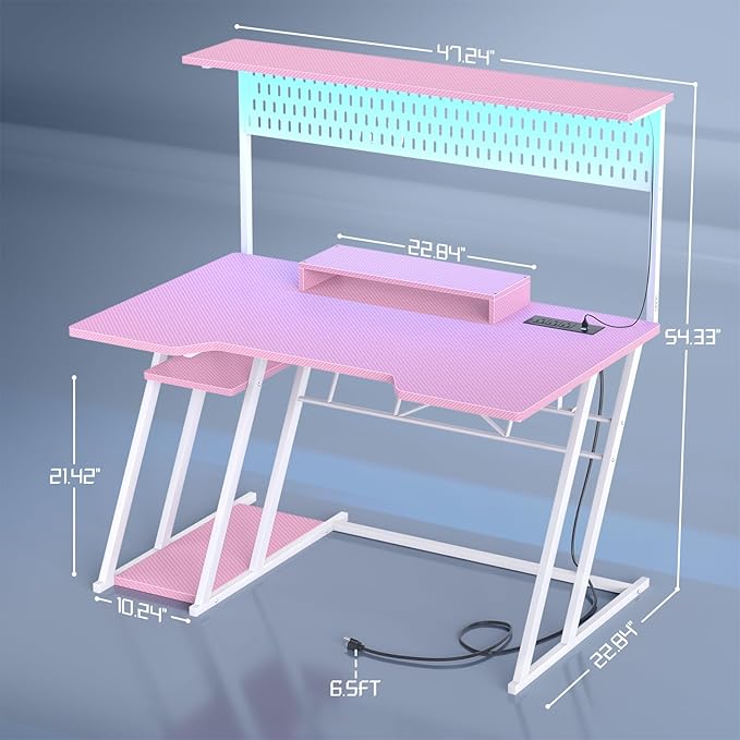 Gaming Computer Desk with Power Outlets, Gaming Desk with Hutch and LED Lights - Image 3