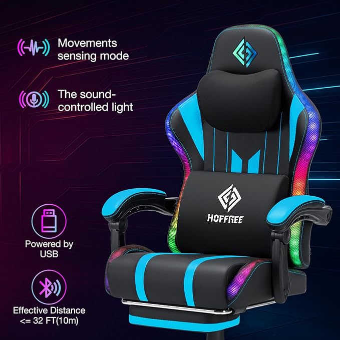 HOFFREE Gaming Chair with Music Rhythm RGB LED Lights and Bluetooth Speakers - Image 5