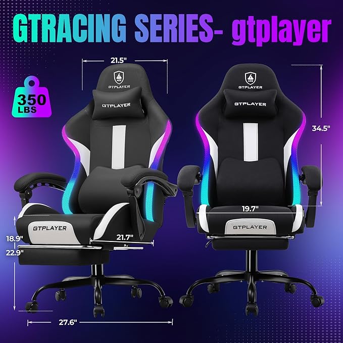 GTRACING Gaming Chair with Foot Rest & Racing Style RGB LED Lights, Breathable - Image 2
