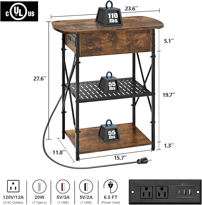 Narrow Side Table with Charging Station, End Tables Set of 2 - Image 3