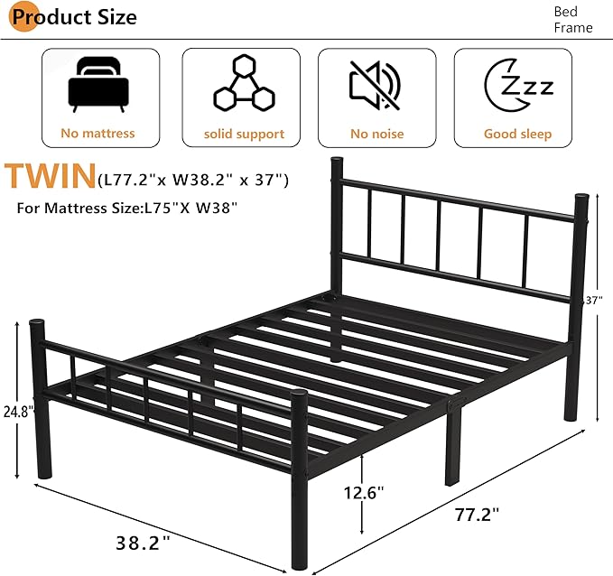 Metal Bed Frame, 14Inch Twin Size Bed Frame - Image 2
