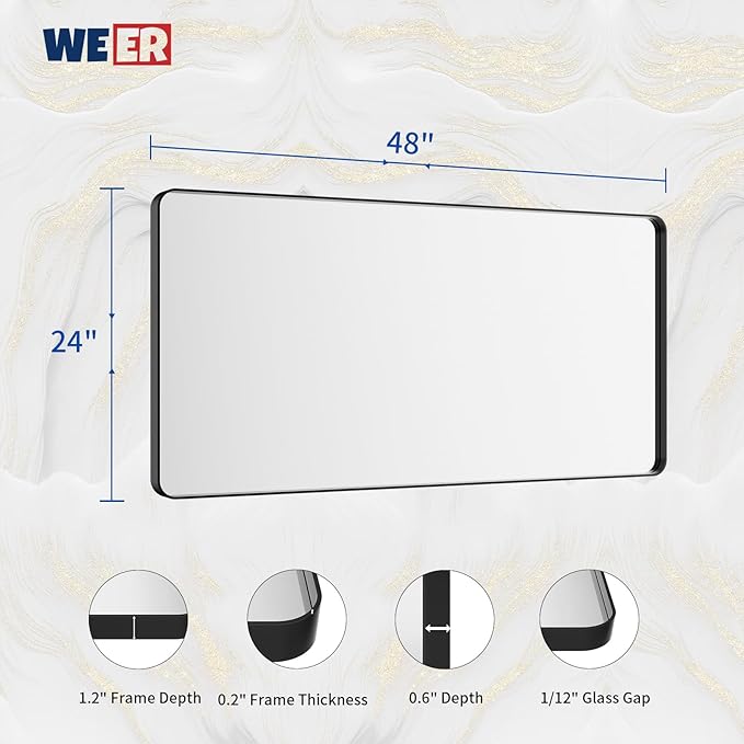 WEER Black Bathroom Mirror for Wall, 48X24 Inch Matte Black Mirror, Rectangular - Image 6