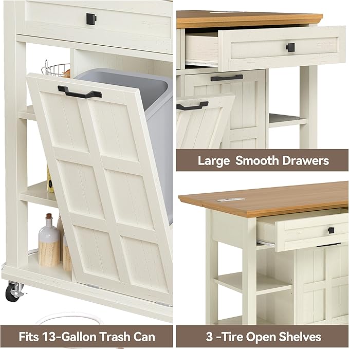 DWVO Kitchen Island with Drop Leaf, Tilt Out Trash Can Cabinet, Mobile Storage - Image 8