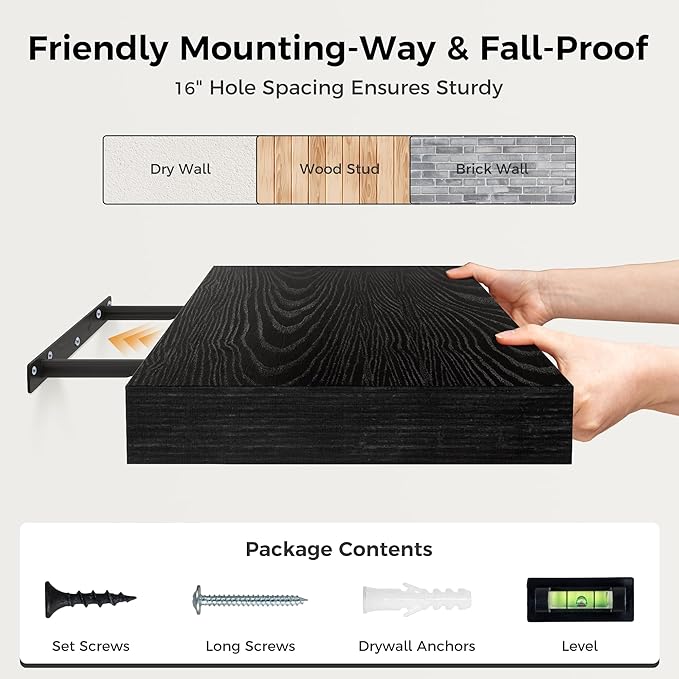 Fun Memories Black Floating Shelves 30" W x 12" D, 12 Inch Deep Floating Shelf - Image 7