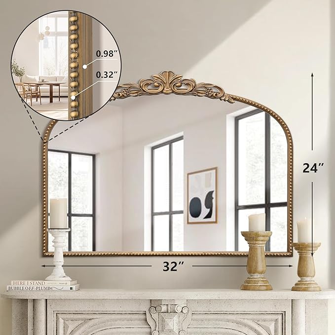 Micasso Gold Vintage Wall Mirror: 24"x 32" French Baroque Antique Arched Wall - Image 4