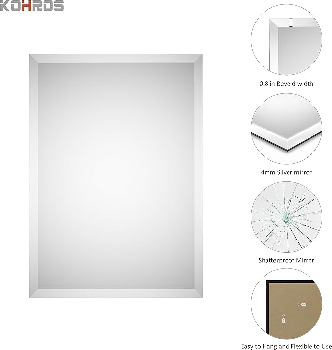 KOHROS Rectangular Wall Mirror Frameless Bathroom Mirror 18” x 24" Beveled Edge - Image 4