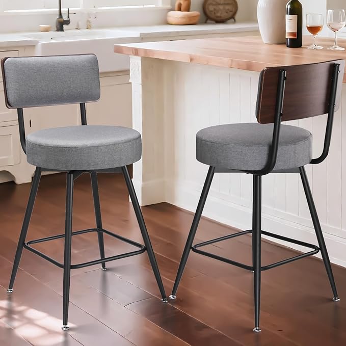 Counter Height Bar Stools, Round Swivel Bar Chair, Fabric Upholstered Barstools - Image 2