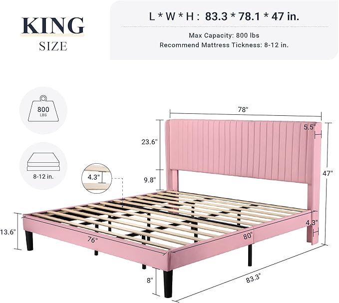 Allewie King Size Velvet Bed Frame/Vertical Channel Tufted Wingback - Image 2