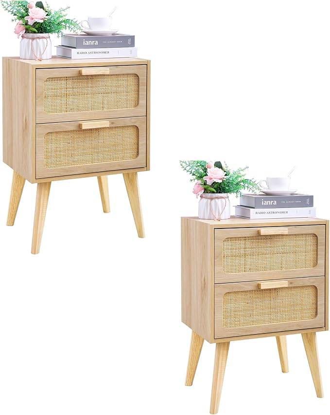Rattan Nightstand Set of 2, Side Table by YAUKOMEL