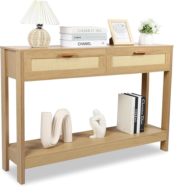 Console Table with Rattan Drawers Boho Entryway Table Narrow Long Sofa Table by Unknown