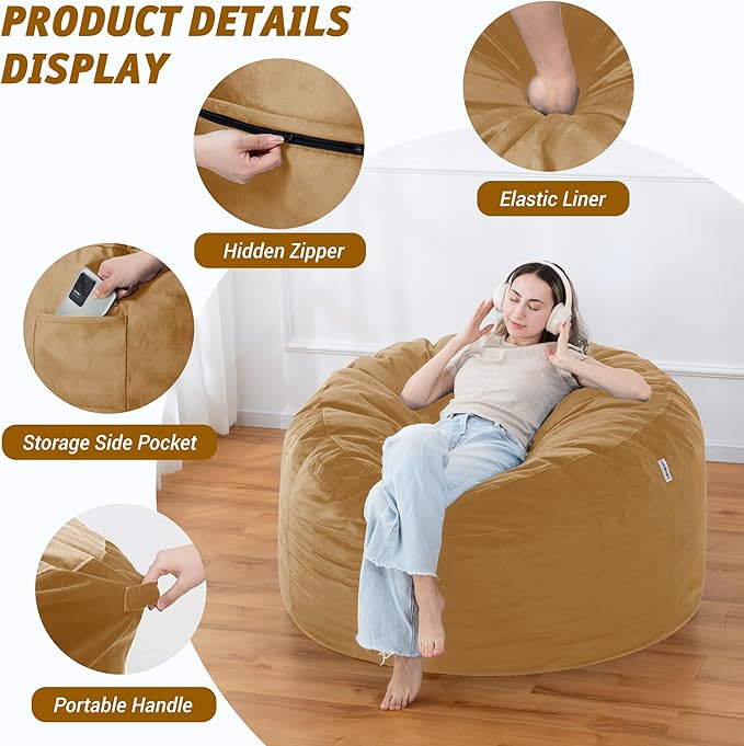 4FT Bean Bag Chair with Ultra Soft Velvet Cover Bean Bag Sofa with Memory Foam - Image 4