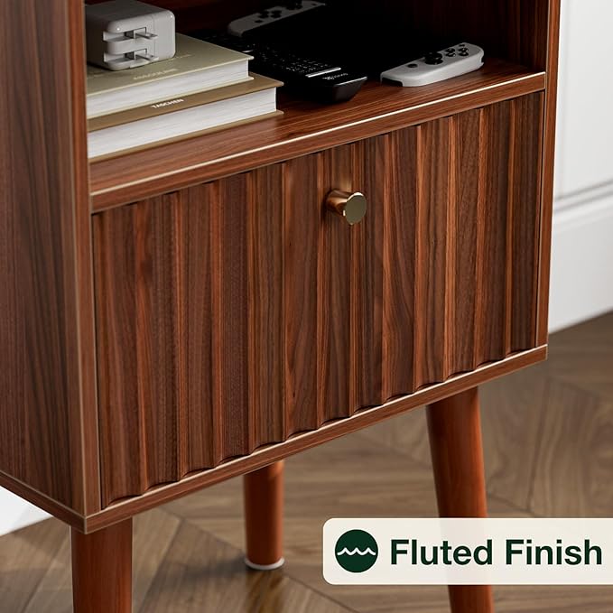 Side Table with Charging Station, Modern End Table with Fluted Drawer, Bedside - Image 5