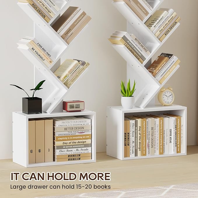 6 Tier Tree Bookshelf, Sturdy Retro Floor Standing Wood Bookcase, Storage Rack - Image 5