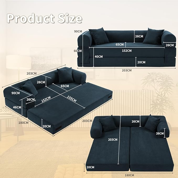 80" Convertible Sofa Bed, Corduroy Deep Seat Folding Pull Out Couch - Image 2