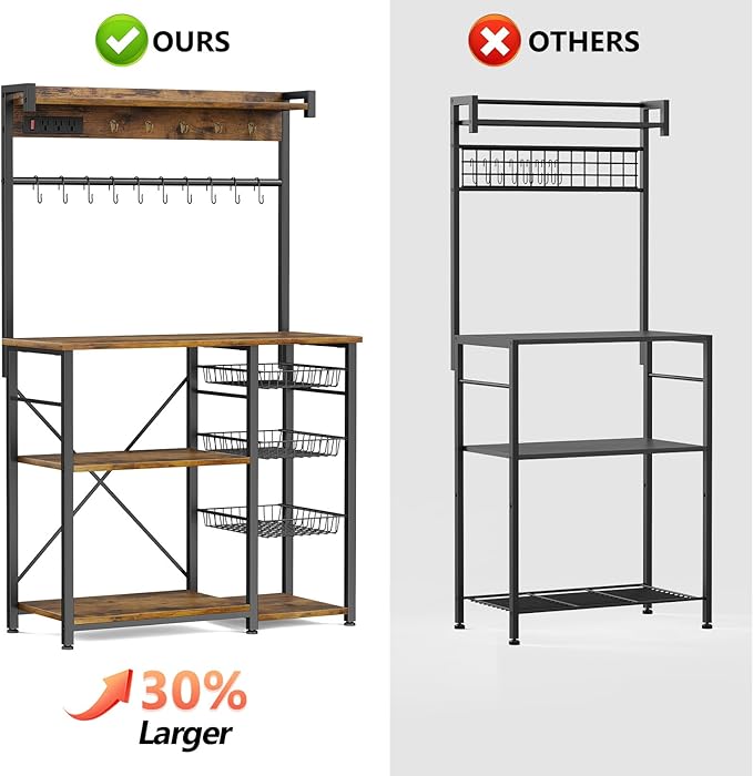 Large Bakers Rack with Power Outlets 38.8 Inches, 15 Hooks Coffee Bar with 3 - Image 6