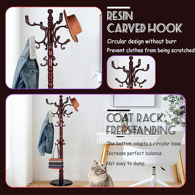 73 in Wood Coat Rack, Coat Rack Freestanding - Image 3