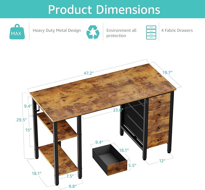 Lufeiya 47 inch Desk with 4 Drawers & Storage Shelves, Writing Work Study - Image 3