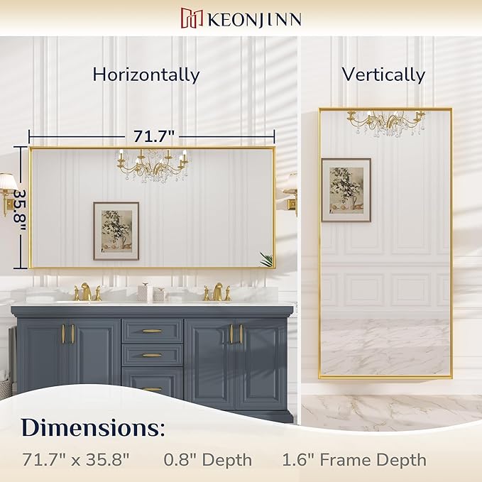 Keonjinn Large Gold Bathroom Mirror 72" x 36", Brushed Gold Rectangular Mirror - Image 7
