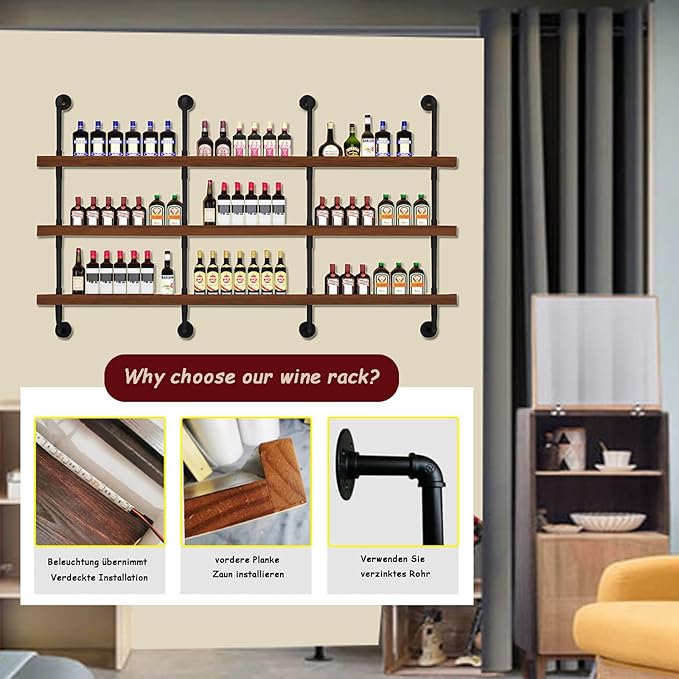 Large Wine Rack with LED Light Solid Wood Wall Mounted Wine Rack, 3-Tiers - Image 7