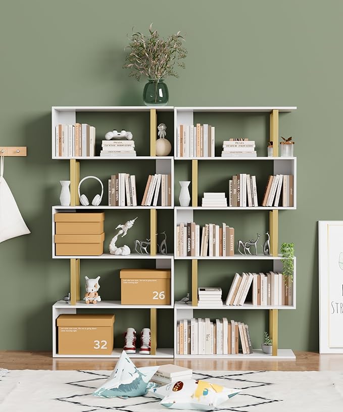 Gadroad 5 Tier Geometric Bookcase, S Shaped Bookshelf, Wood Decorative Storage - Image 2