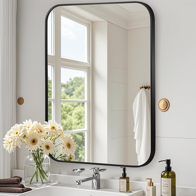 Matte Black Mirror, Metal Frame Rectangle Corner Vanity Mirror, Wall Mounted by JENBELY