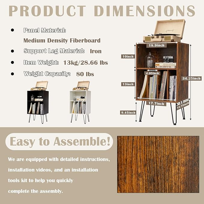 Record Player Stand with Vinyl Storage, Vinyl Record Storage Cabinet Holds Up - Image 7