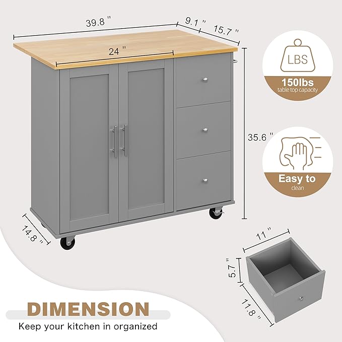 Shintenchi Kitchen Island with Folding Drop Leaf, Rolling Island Table with - Image 4